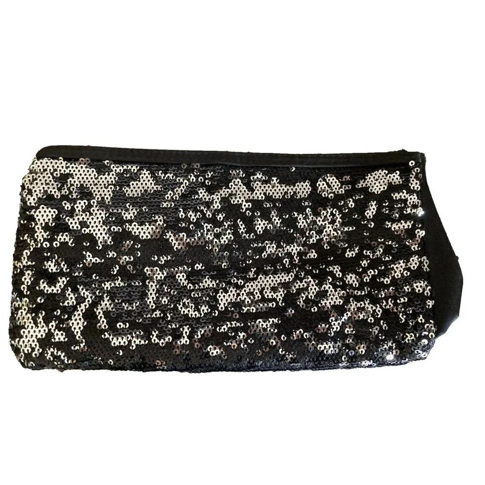 Victoria's Secret Black Sequin Clutch Purse Make Up Bag Zip up Silver Accents